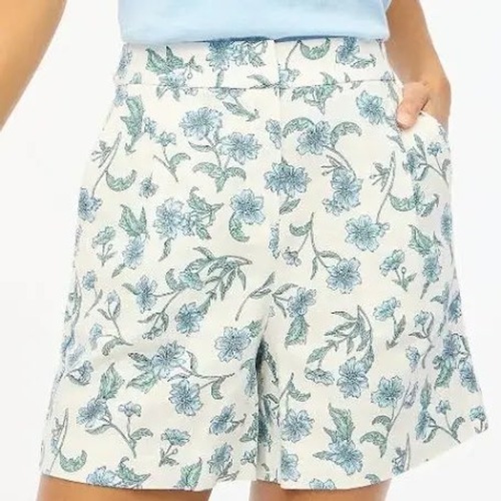 J.Crew White Blue Floral Print Elastic Back Linen Blend Pleated Shorts Sz‎ 6 NWT